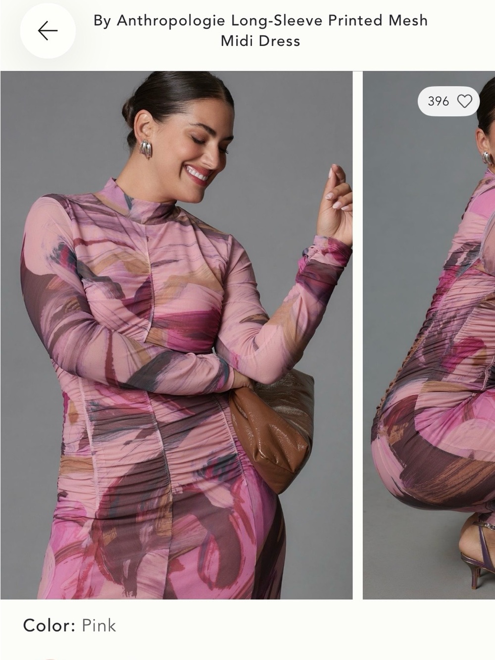 Anthropologie Pink Printed Long-Sleeve Mesh Midi Dress